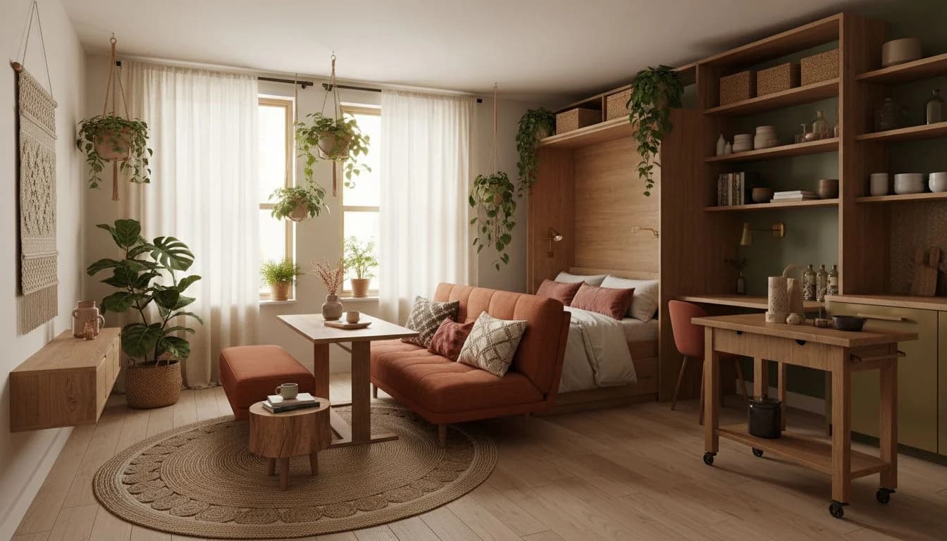 Beautifully designed small apartment with space-saving furniture and bohemian decor